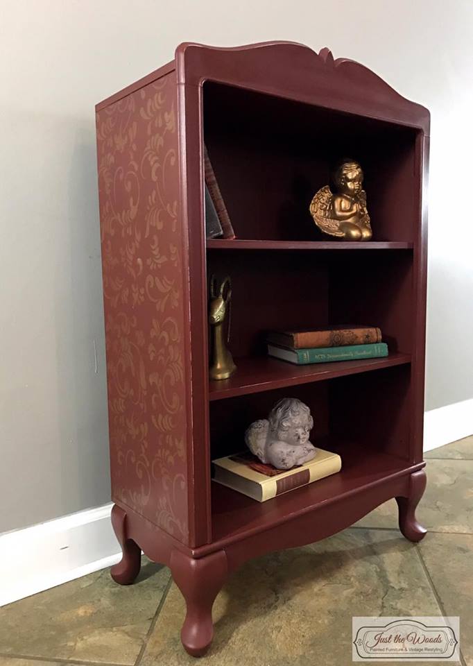 Cranberry Painted Bookcase with Gold Stencil