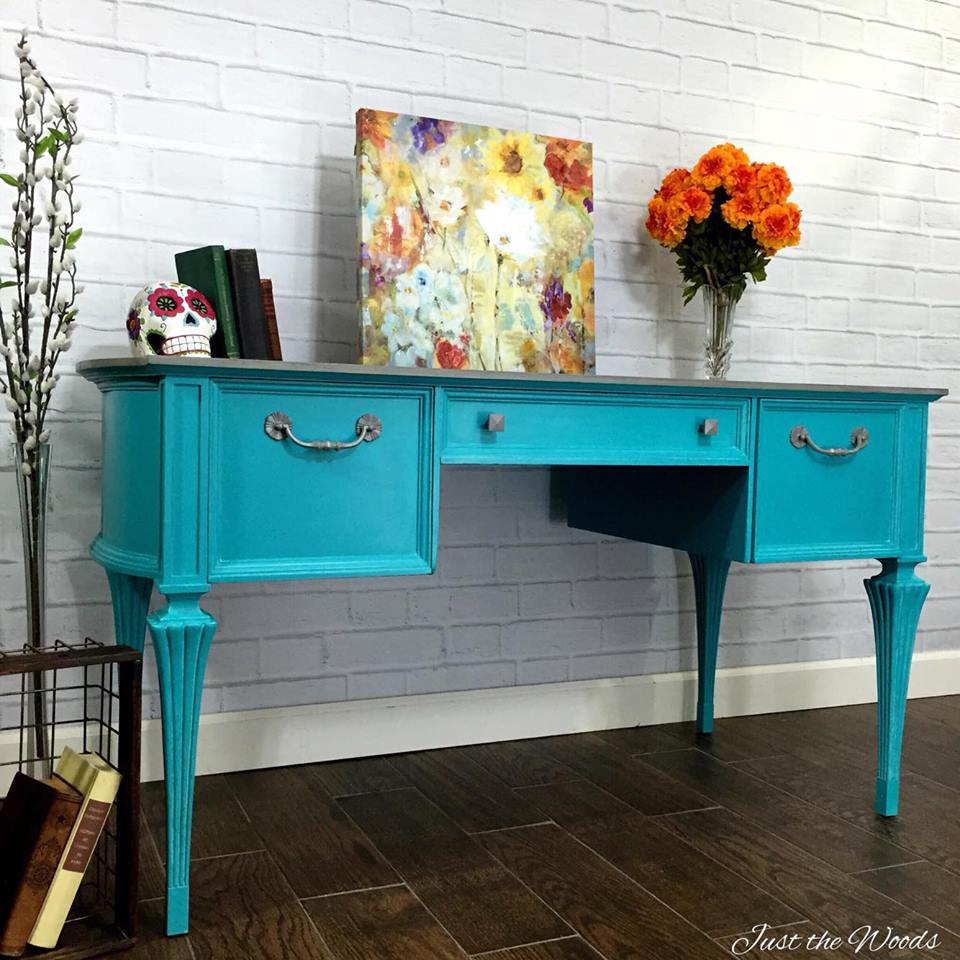 Painted Turquoise Desk with Gray Wash top