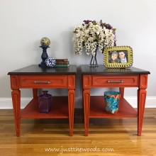 Vintage End tables and coffee tables painted orange with stain top