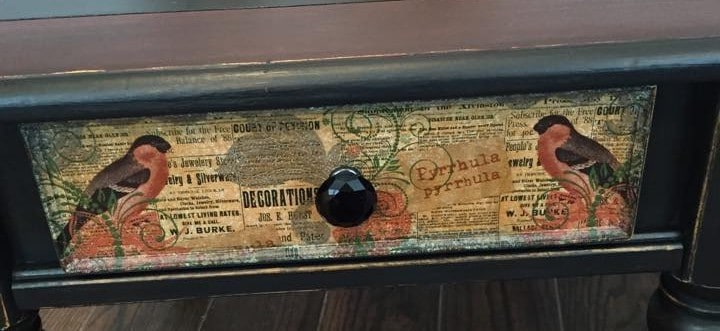 Decoupaged Drawer on Painted end tables