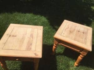 sanded tops of end tables, painting pine tables