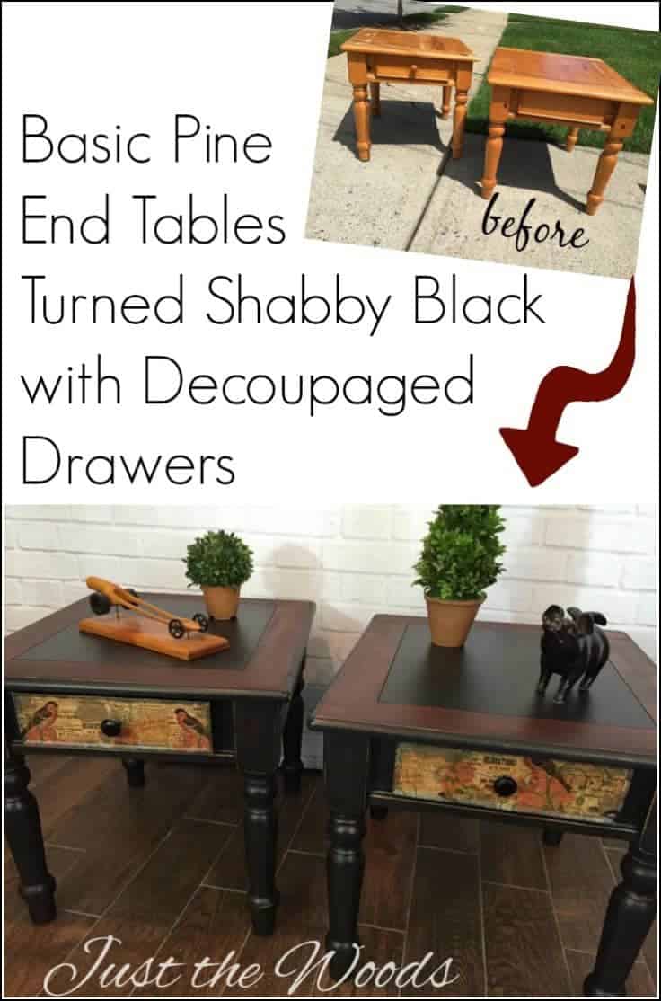 Shabby Black Painted End Tables with Decoupaged Drawers