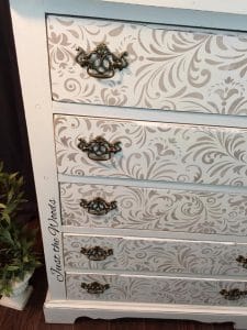 stenciled dresser, painted dresser, shabby chic, gold paint stencil