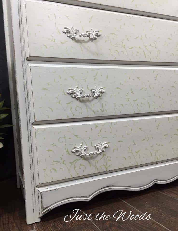 painted hardware, cottage chic, stencil dresser, cottage chic style dresser, painted dresser, white painted dresser