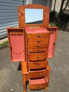 jewelry armoire, brownjewelry armoire, standing jewelry chest