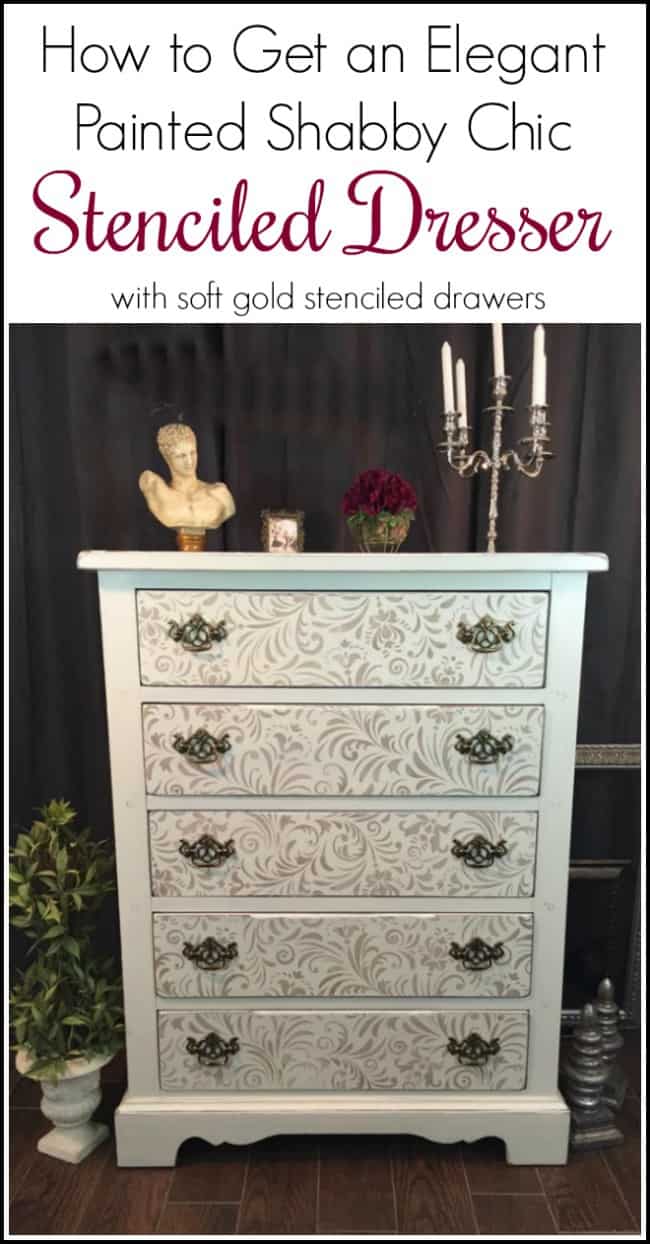 How to Get an Elegant Painted Shabby Chic Stenciled Dresser from a boring brown vintage chunky dresser. Add an elegant gold stencil to a painted dresser