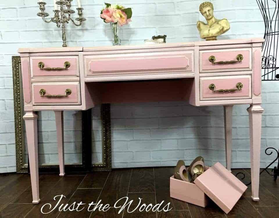 Painted vintage vanity by Just the Woods, pink and gold, vanity makeover, gold hardware, pink paint