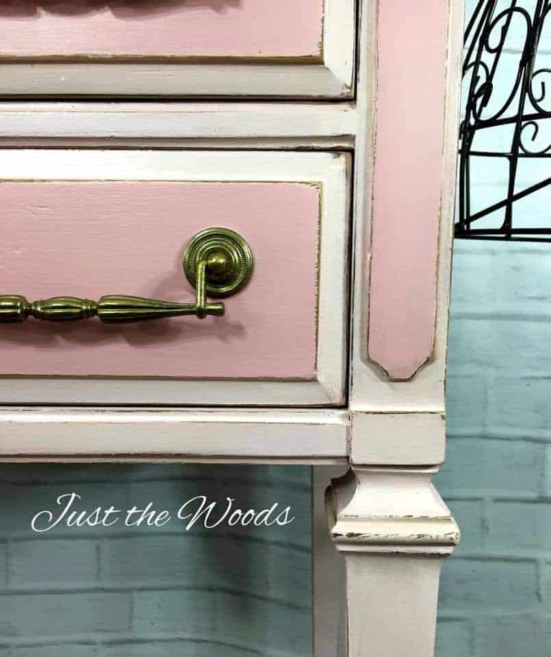 Painted and distressed vanity by Just the Woods pink vanity, painted vintage vanity, dressing table