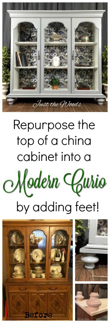 Repurpose the top of a china cabinet by adding feet and turn it into a modern chic curio cabinet. With a fabric decoupage back this painted furniture makeover is a DIY project for everyone