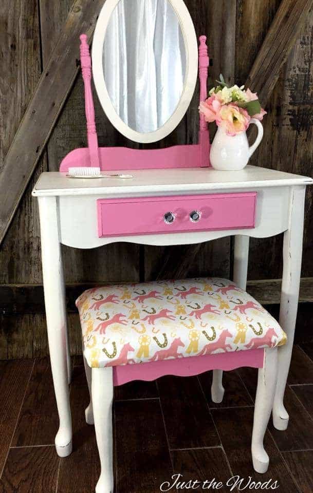 painted vanity, girls vanity, pink vanity, pony fabric, pink pony vanity