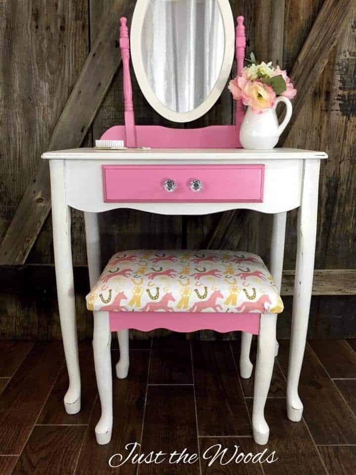 girls vanity, painted vanity, pink and white, chalk paint