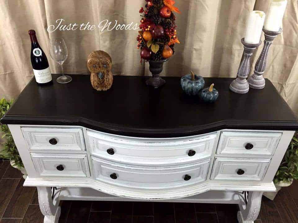 Dark stain top on white buffet