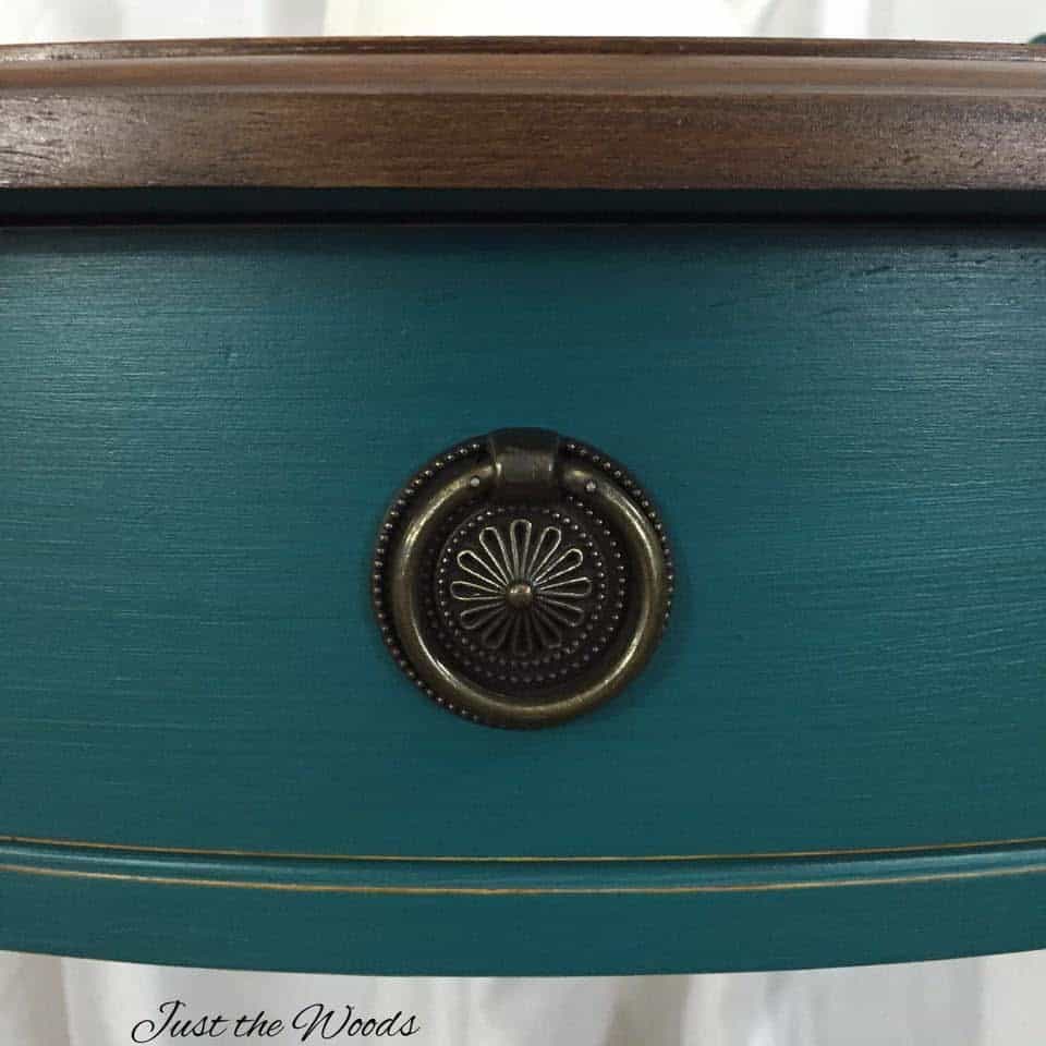 Deep teal painted console table with stain top / Just the Woods