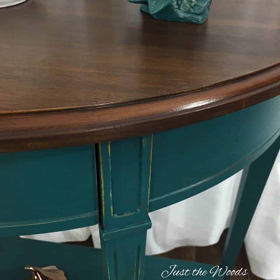 Teal painted console table with stain top