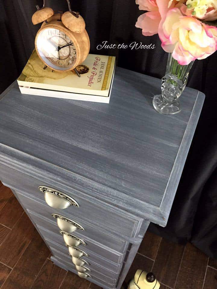 Shades of gray painted vintage lingerie chest by Just the Woods