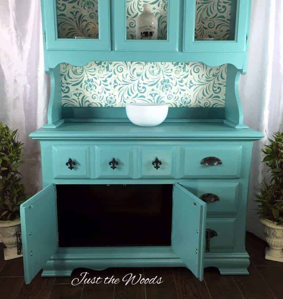 Painted sea foam china cabinet with stencil backing 