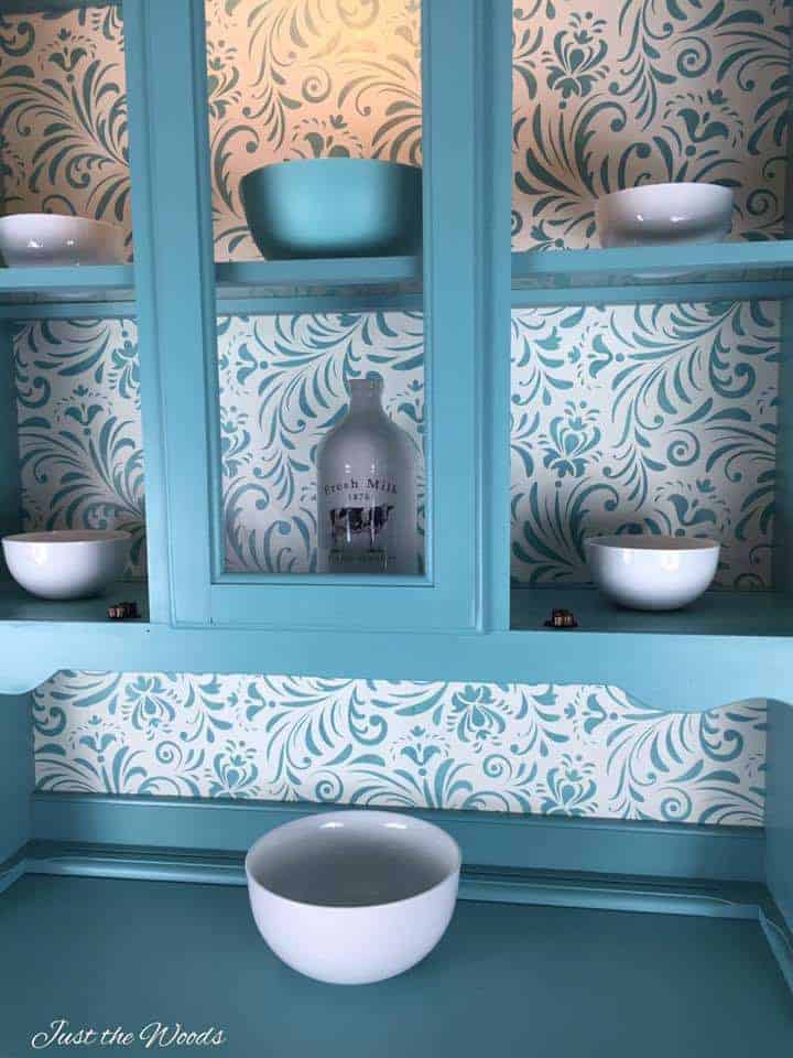 Painted china cabinet with stencil, seafoam chalk paint, stencil on furniture, pure home paint