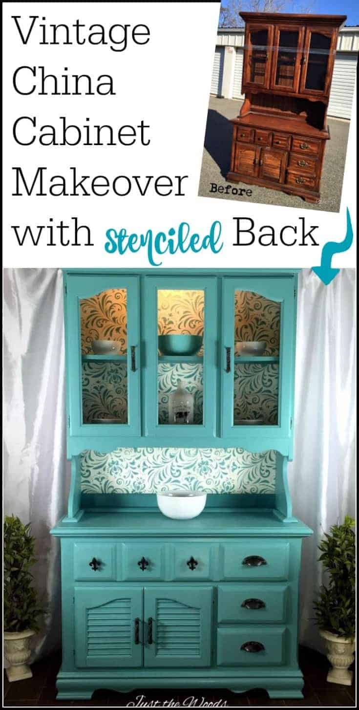 Vintage china cabinet transformation painted in sea foam with stencil back and new hardware. From chunky and brown to beautiful.