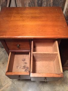 vintage handmade tables, apothecary table, cubby drawers, many drawers side table