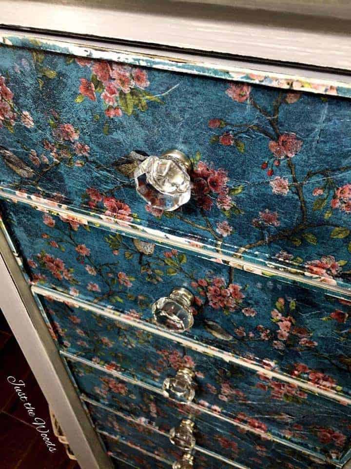 decoupaged lingerie chest, painted furniture, just the woods, staten island, nyc, vintage, lingerie chest, birds and blooms, d lawless hardware