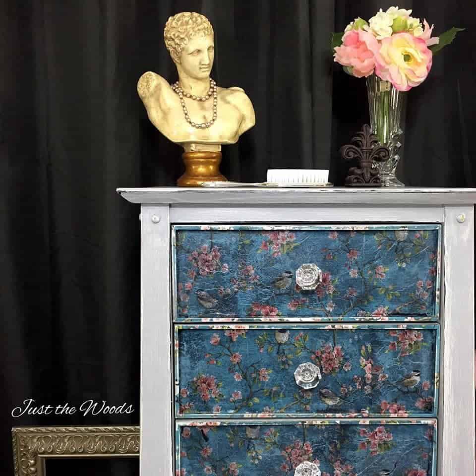 weathered, decoupaged lingerie chest, painted furniture, just the woods,new york, staten island, nyc, vintage, lingerie chest, birds and blooms