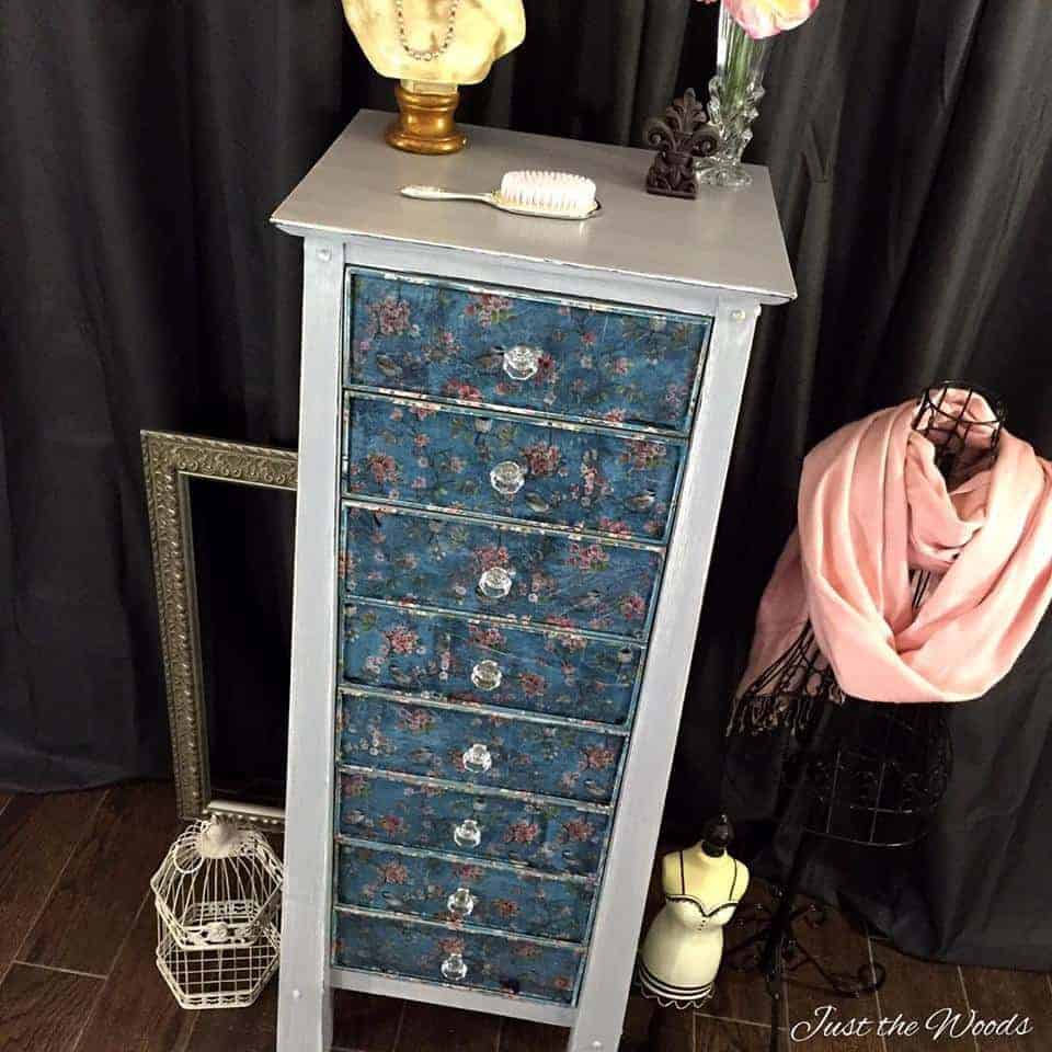 decoupage, lingerie chest, painted furniture, just the woods, staten island, nyc, vintage, lingerie chest, birds and blooms