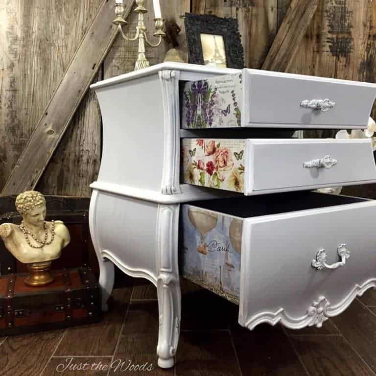 bombe chest, new york, decoupage, painted furniture, just the woods