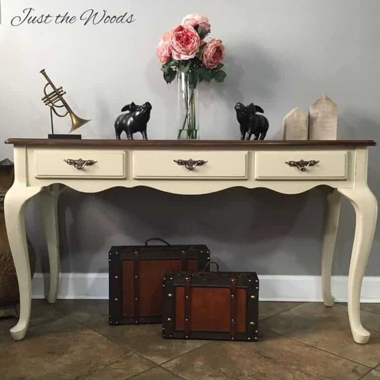 Toasted Almond Sofa Table with Stain Top & Surprise Stencil Drawers