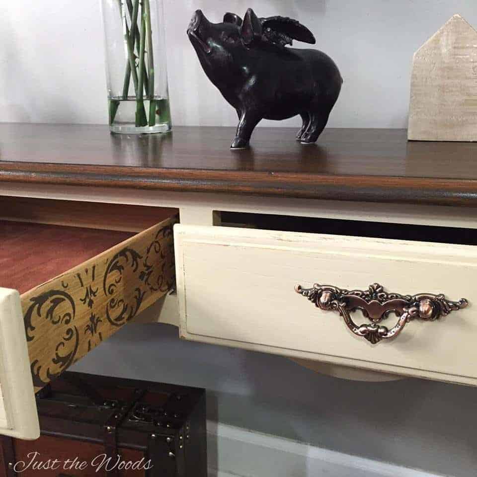 Toasted Almond Sofa Table with Stenciled Drawers