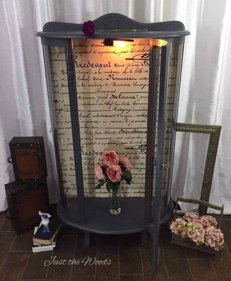 curio cabinet, vintage curio, decoupage, french script, painted furniture, new york