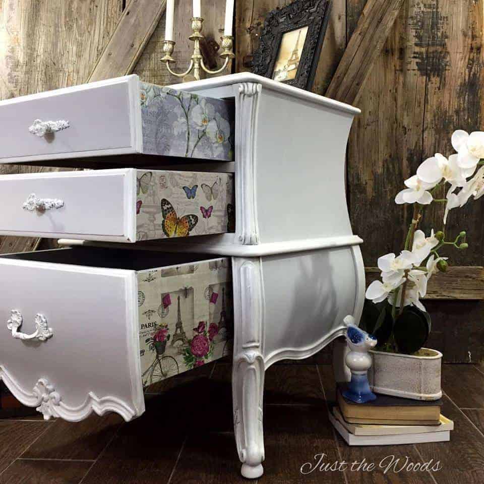 Decoupaged chest of Drawers, staten island, painted bombe chest, just the woods, vintage furniture, shabby chic