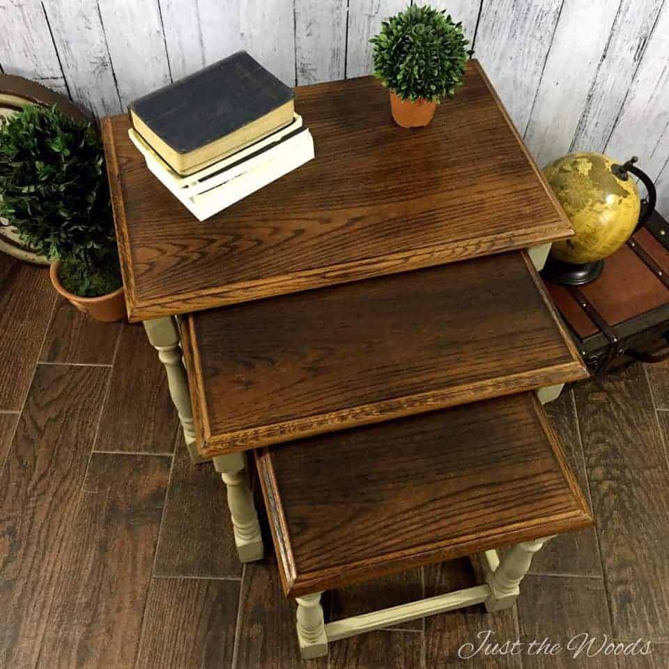 wood burned, wood burning, nesting tables, stacked tables, painted tables, wood grain