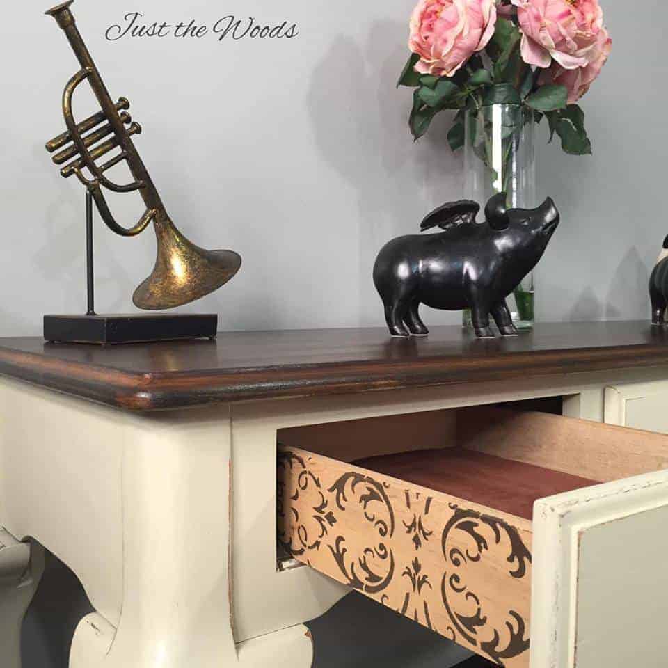 Toasted Almond Sofa Table with Stenciled Drawers