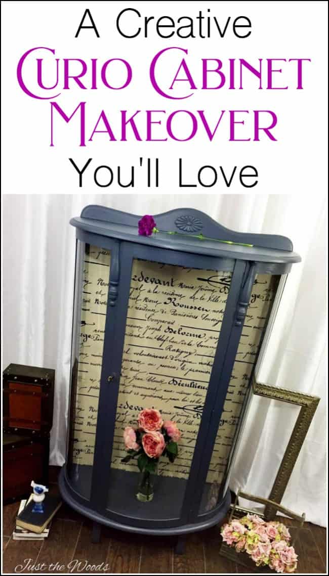 curio cabinet, curio cabinet makeover, bow front curio cabinet, charcoal paint, fabric decoupage, curio cabinet makeover