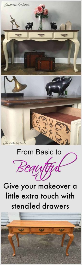Adding stencil to painted furniture gives an added unique touch. Adding stencil to the outer sides of the drawers of a painted sofa table is perfect. Neutral vanilla and rich stain top with new hardware.