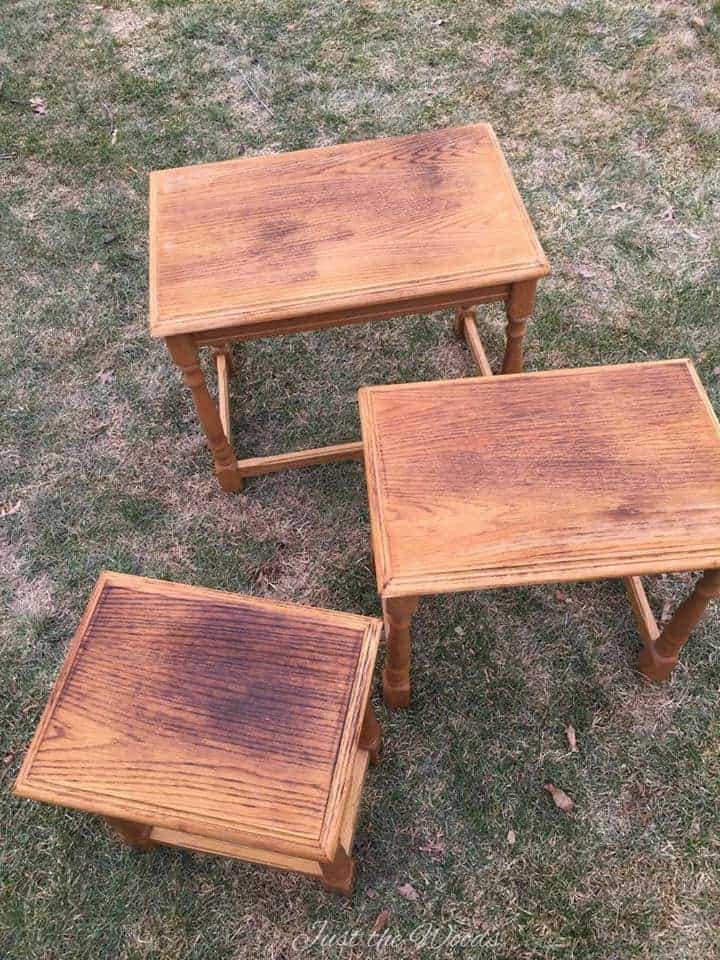 wood nesting tables, nesting end tables, wood burned tables