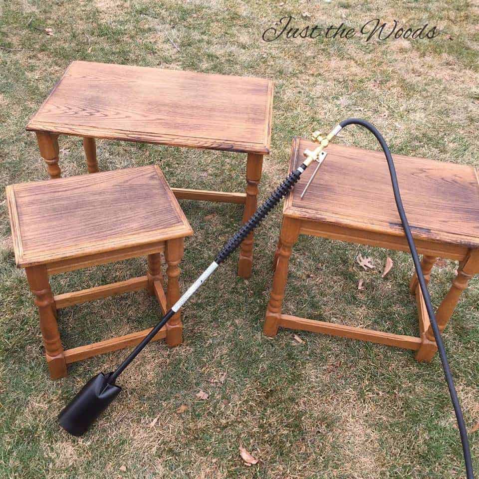 Wood Burning, wood burned, fire on tables, wood grain, Blow torch, stacking tables, oak nesting tables