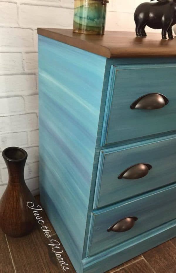 Cool blues hand painted bookcase makeover by Just the Woods