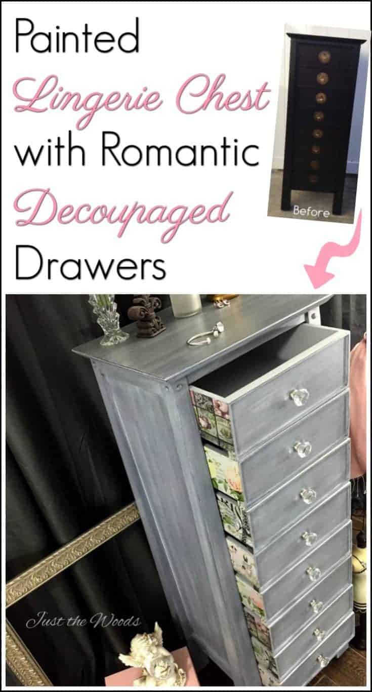 Painted lingerie chest with romantic decoupage on the outer drawers. Give painted furniture that unique touch with decoupage.