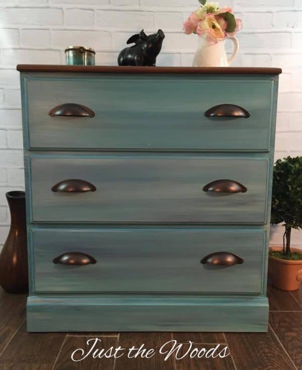 Cool blues hand painted bookcase makeover by Just the Woods