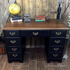 vintage desk makeover, shabby chic, black distressed, distressed black, black paint, chalk paint painted desk