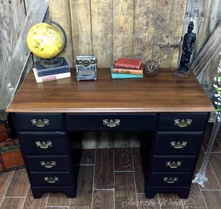 vintage desk, painted desk, black paint, distressed, just the woods