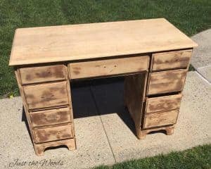 vintage desk, makeover, sanded, black chalk paint, Just the Woods