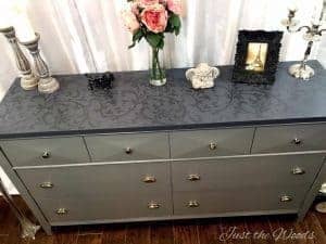 stencil dresser, painted dresser, vintage furniture, modern dresser, just the woods