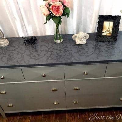 Elegant Gray Dresser with Tone on Tone Stencil top