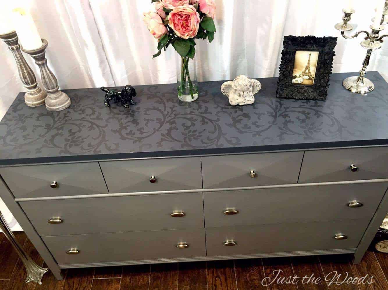 Painted Dresser with Tone on Tone Stencil Top by Just the Woods