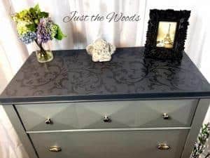 painted dresser, stenciled dresser, stenciled furniture, metallic stencil, gray dresser, chalk paint