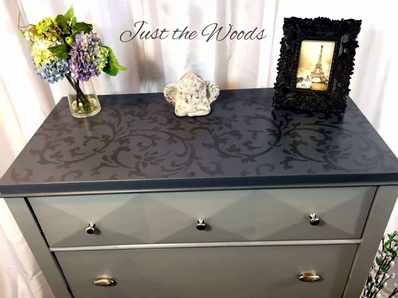 Painted Dresser with Tone on Tone Stencil Top by Just the Woods