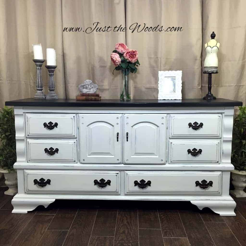 chalk paint, white distressed dresser, distressed white dresser, shabby chic, painted dresser, just the woods