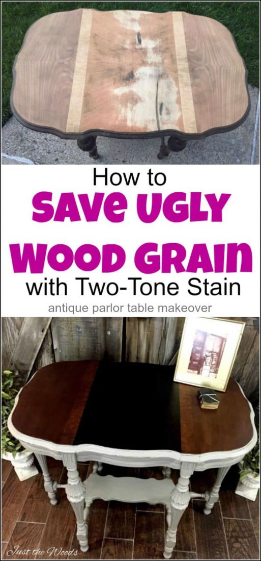 Victorian antique parlor table makeover with damaged wood grain. Save ugly wood grain with a two-tone stain on your next painted furniture project | antique table | parlor table | antique parlor table | old tables | antique wood table | Victorian parlor table |